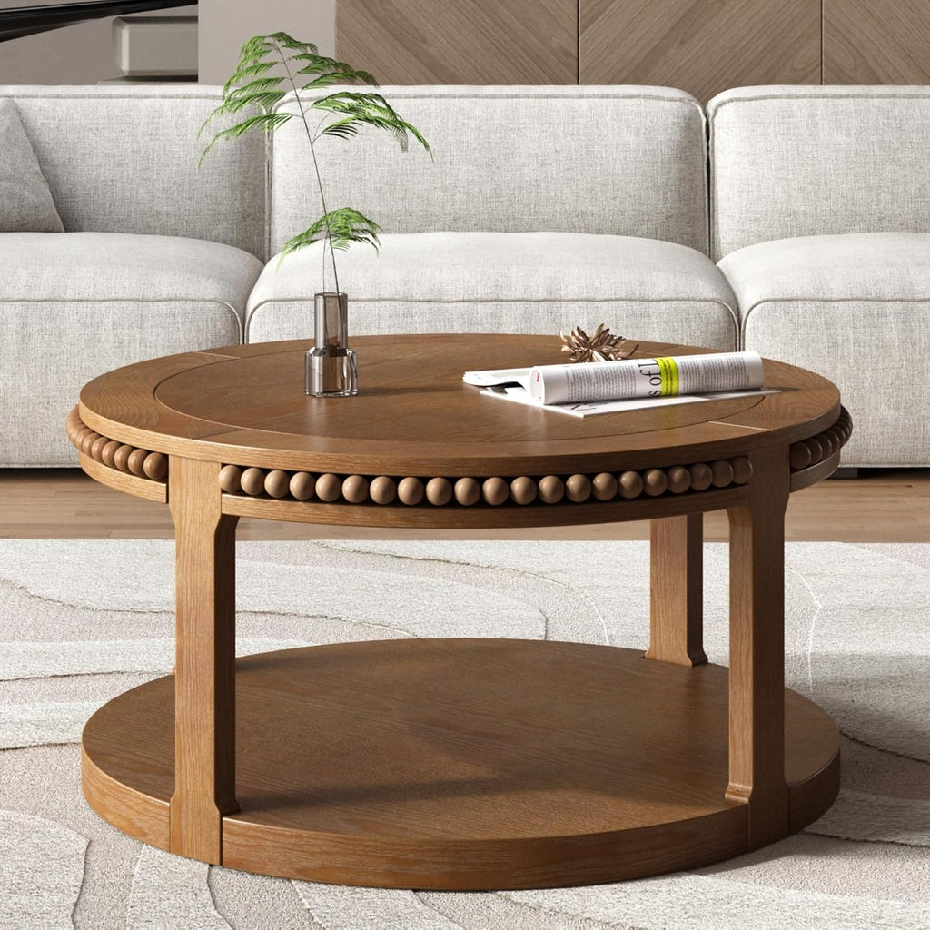 31.5'' Round Coffee Table, 2-Tier Modern Rustic Wood Circle Coffee Table for Living Room, Easy Assembly, Walnut