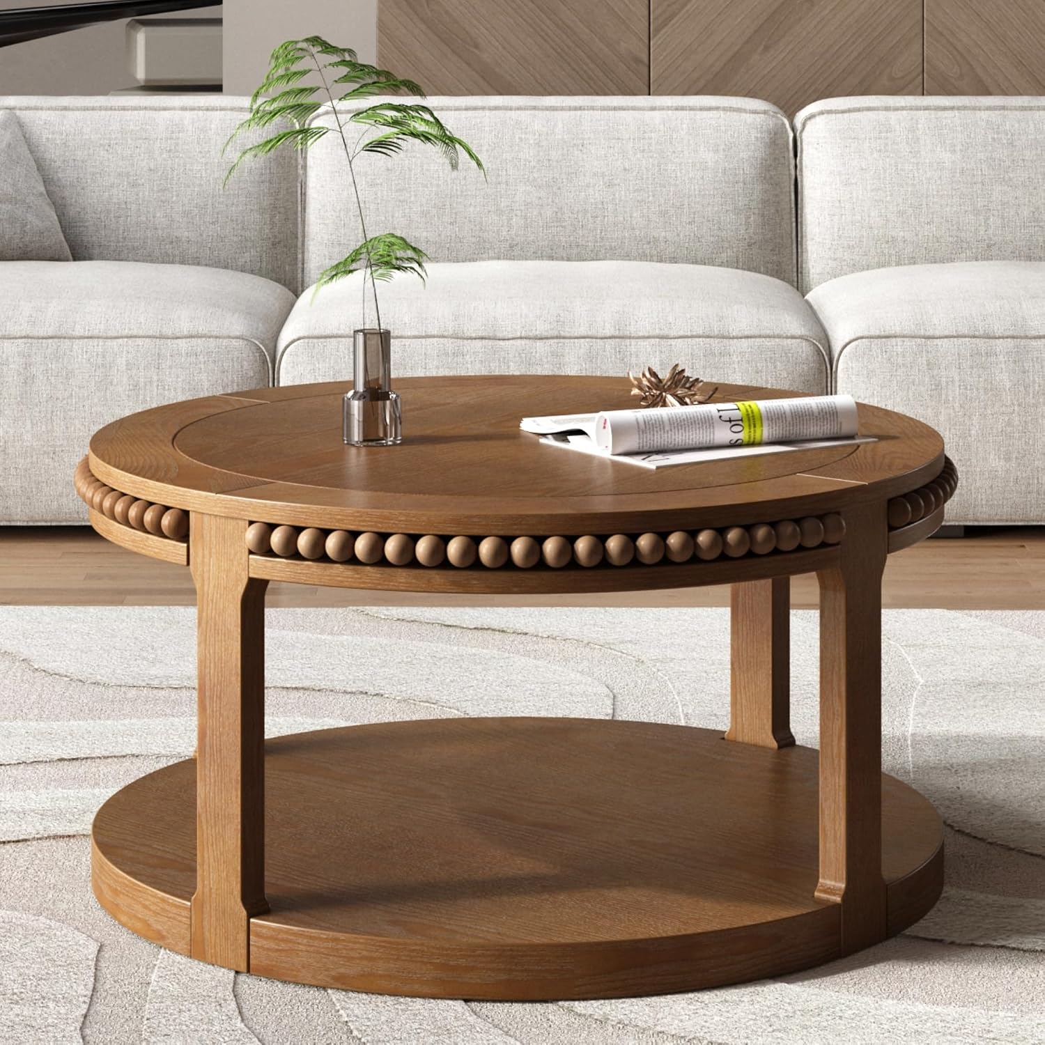 31.5'' Round Coffee Table, 2-Tier Modern Rustic Wood Circle Coffee Table for Living Room, Easy Assembly, Walnut