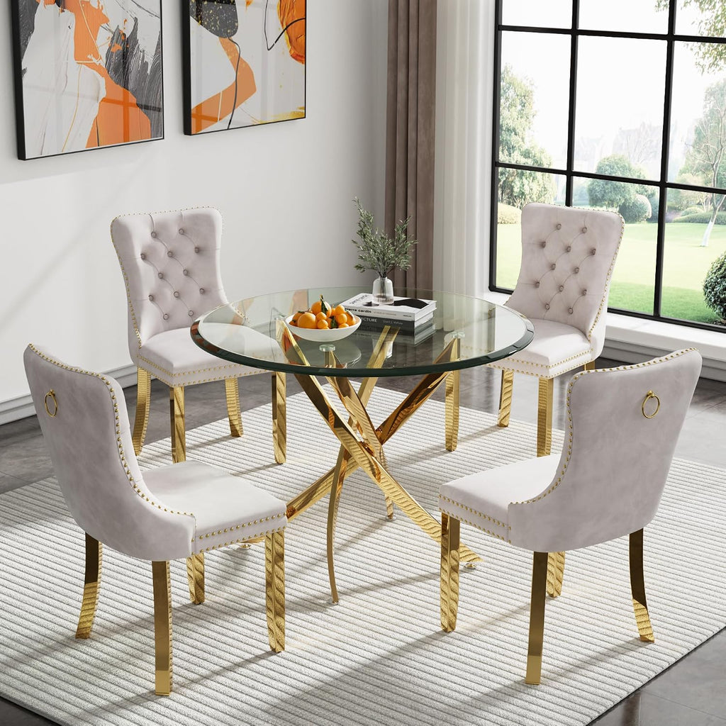 36' Small Dining Table Set of 4, Tempered Glass Round Dining Table and 4 Beige Velvet Dining Chairs, Luxury 5 Piece Circle Kitchen Dining Room Tables Set with Gold Chrome Metal X-Legs