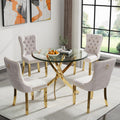36' Small Dining Table Set of 4, Tempered Glass Round Dining Table and 4 Beige Velvet Dining Chairs, Luxury 5 Piece Circle Kitchen Dining Room Tables Set with Gold Chrome Metal X-Legs