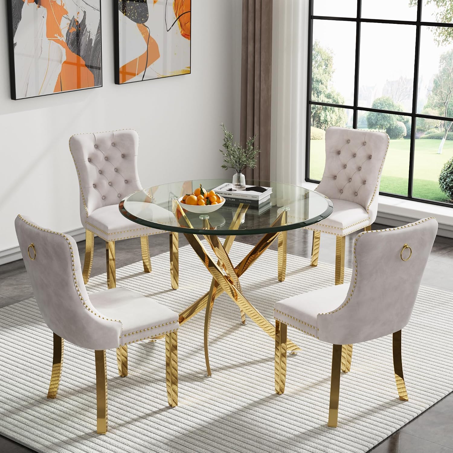 36' Small Dining Table Set of 4, Tempered Glass Round Dining Table and 4 Beige Velvet Dining Chairs, Luxury 5 Piece Circle Kitchen Dining Room Tables Set with Gold Chrome Metal X-Legs