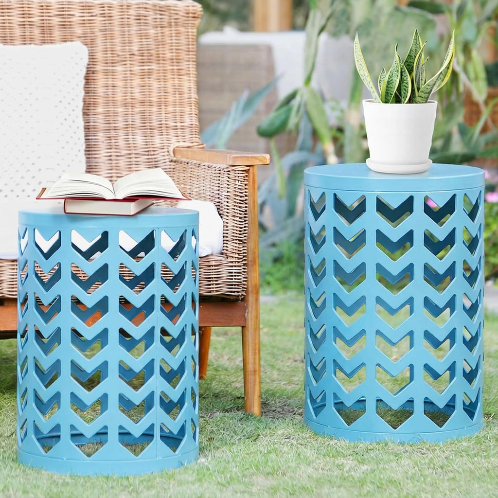 Nesting Side Table Set of 3 Decorative Round Garden Stools for Indoor Outdoor Heavy Duty Metal Frame Side Table Nightstands Modern End Table Plant Stand, Light Blue