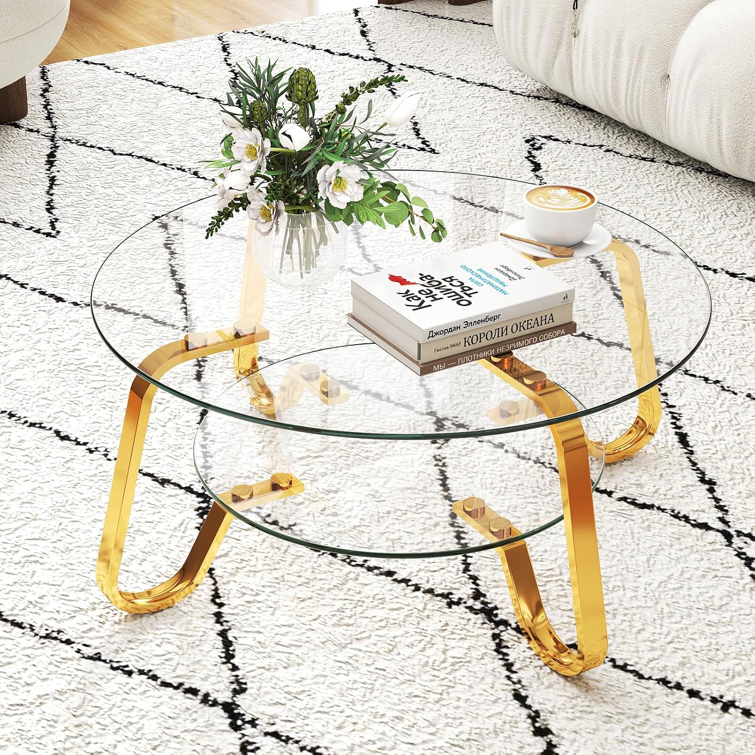 Rovibek Round Glass Coffee Table, 31.5 Modern Round Glass Coffee Tables with Storage and Metal Frame, 2-Tier Tempered Glass Top Small Center Table for Living Room, Easy Assembly, Gold