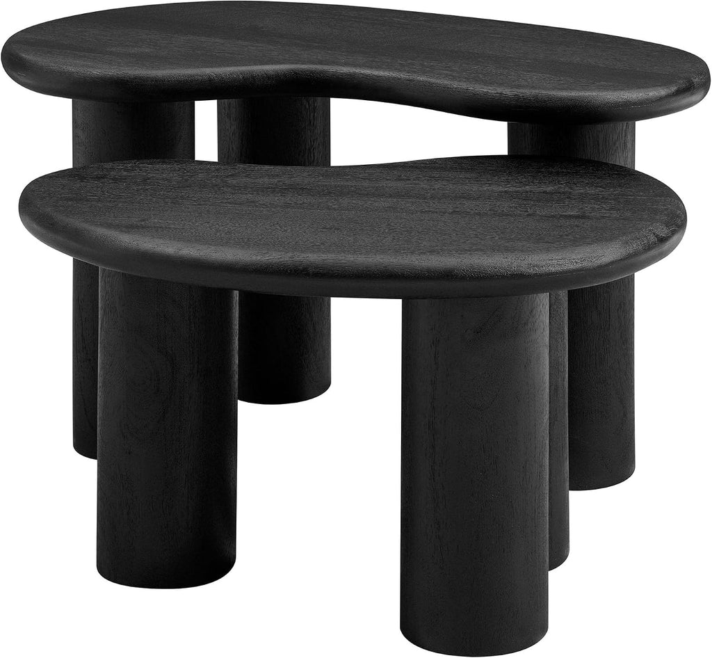 Modway Hackney Mango Wood Nesting Coffee Table Set in Black - 2 Piece Kidney-Shaped Wood Coffee Table for Living Room