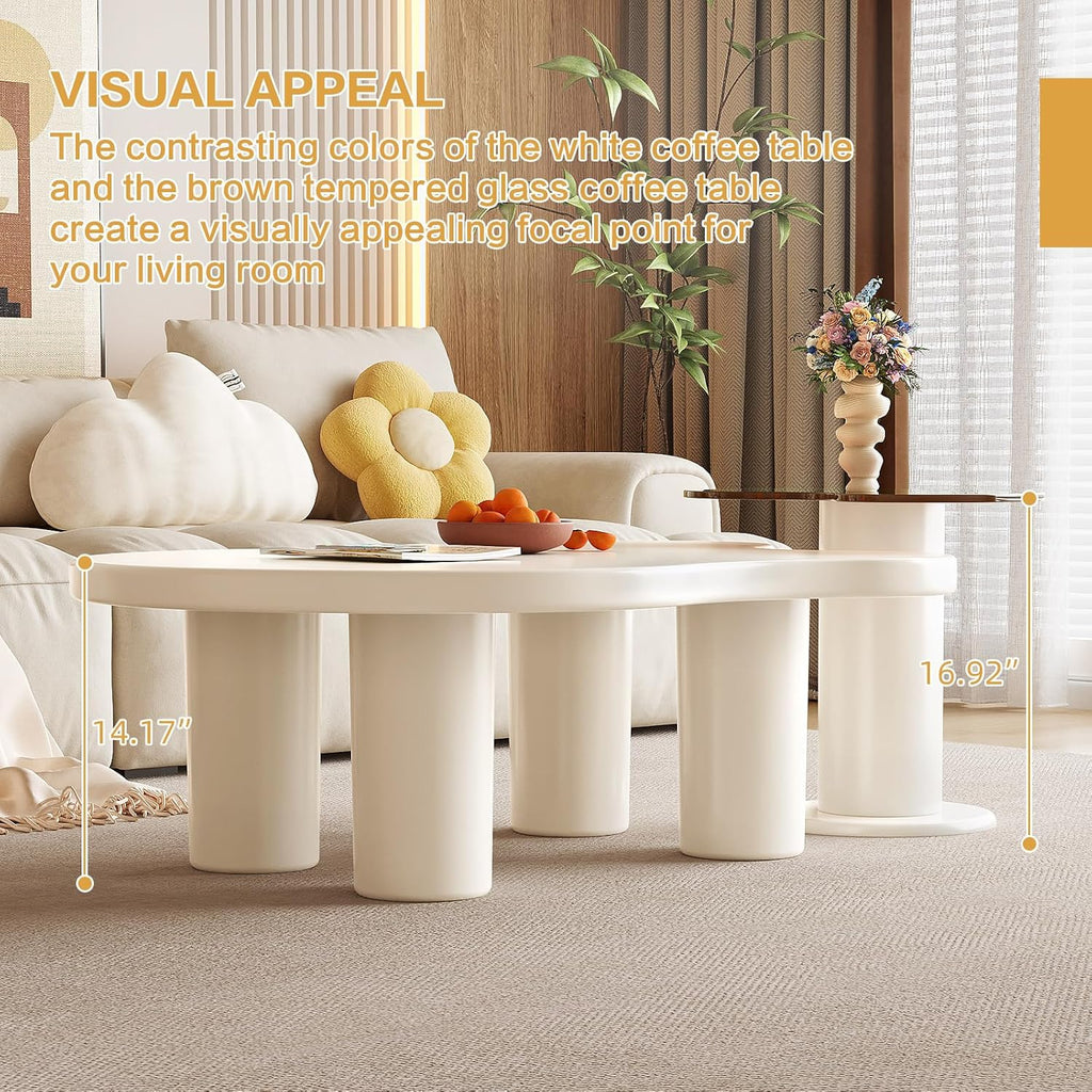 Nesting Coffee Table Set of 2, Modern Irregular Coffee Table & Tempered Glass End Table for Living Room, Unique Funky Center Table Set for Small Spaces, Easy Assembly, White