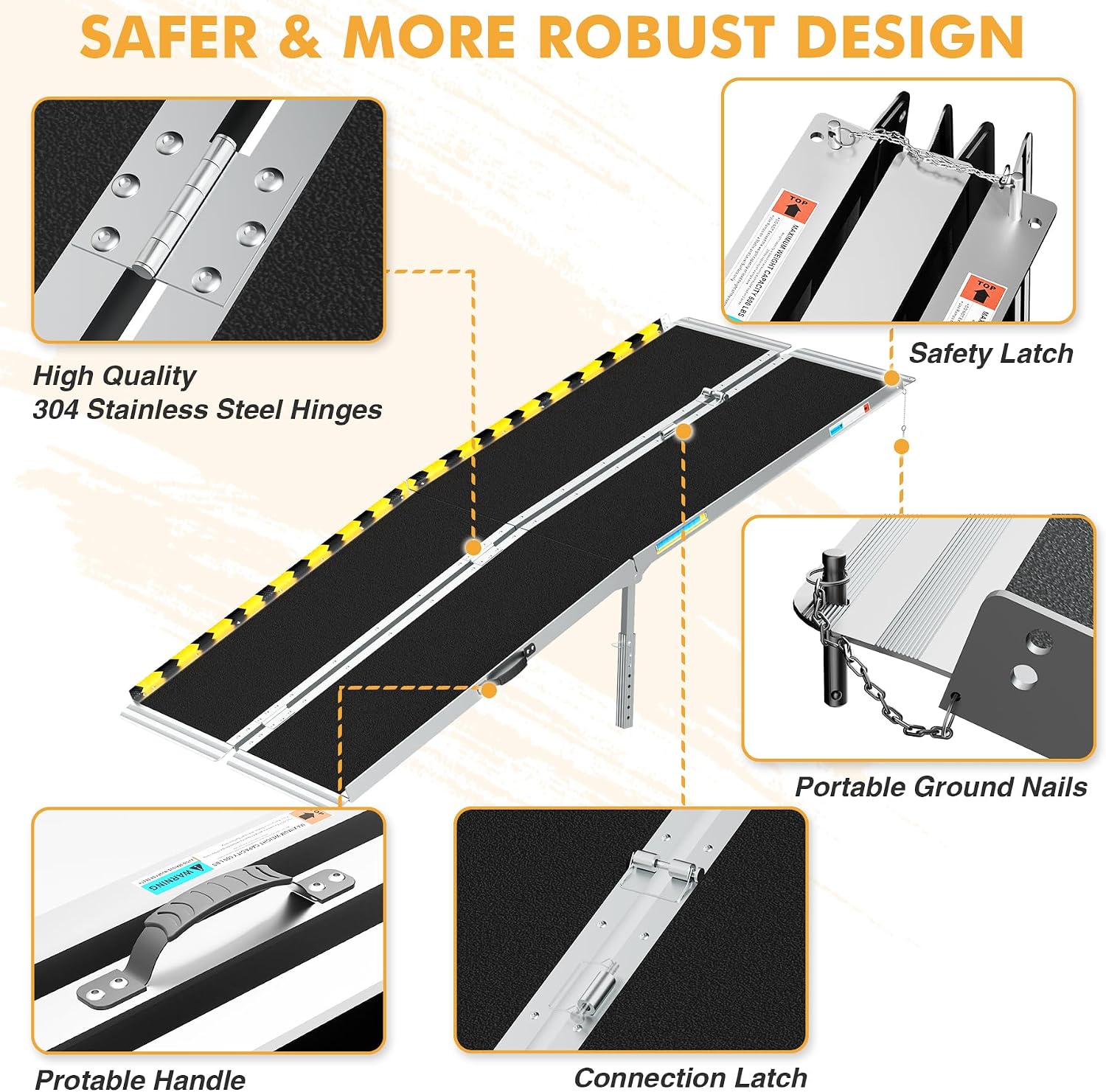 7FT Aluminum Wheelchair Ramp for 7' - 21' Steps – Folding, Non-Slip, 800lbs Capacity with Support Legs & Lock Portable Ramp for Home, Garage, Car, Pet, Stroller, Electric Scooter.