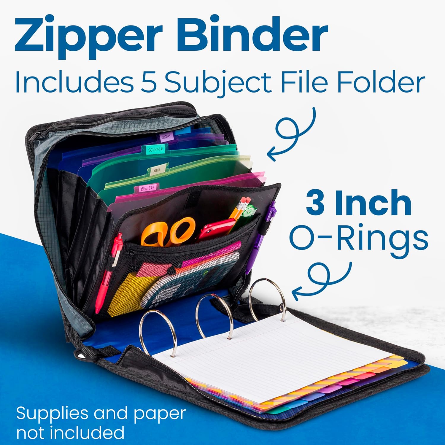 Case-it Binder File Folder 3-inch O-Ring Midnight Blue | 5-Tab Expanding | Zippered Pockets | With Handle and Strap | Pack of 6