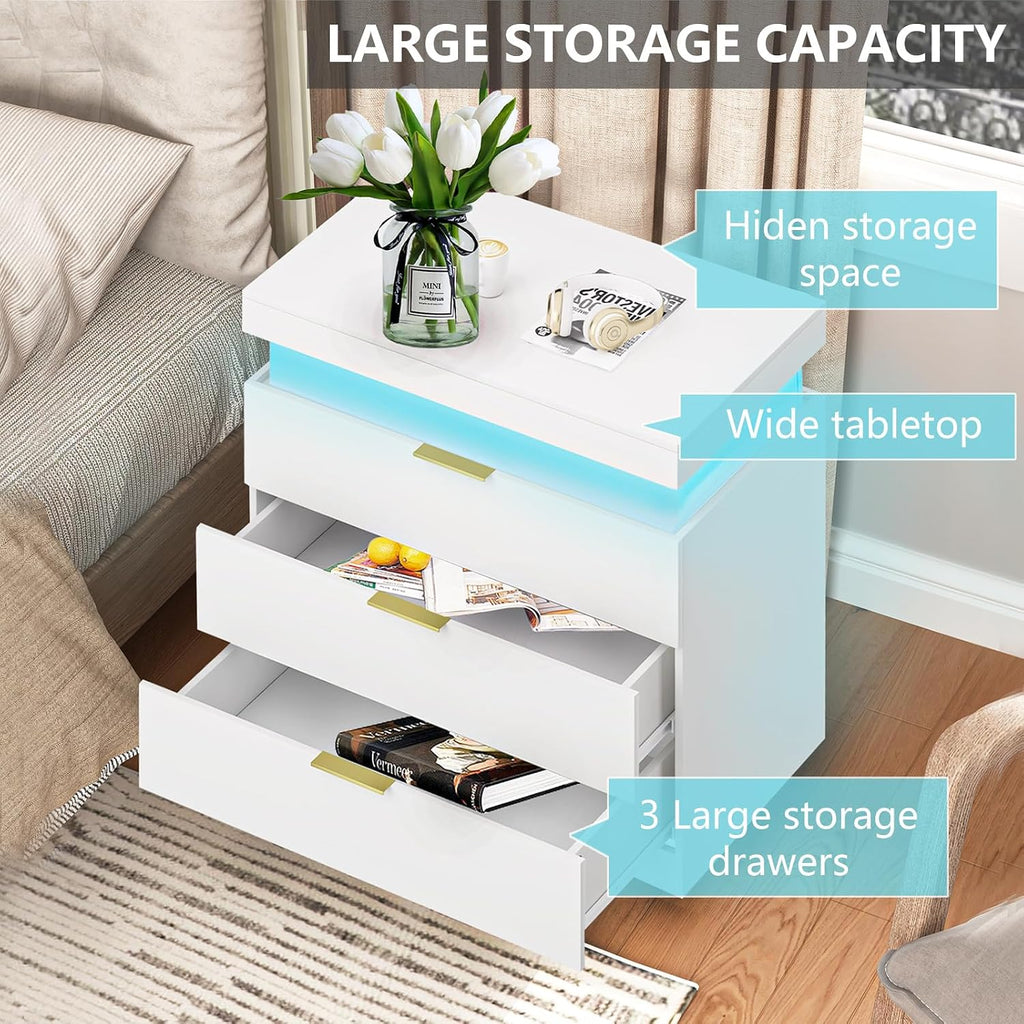 White Nightstand with Charging Station and LED Light,30.5'' Tall Night Stand with Sliding Top for Bedroom, Bedside Table with 3 Drawers, Modern End Side Table for Living Room