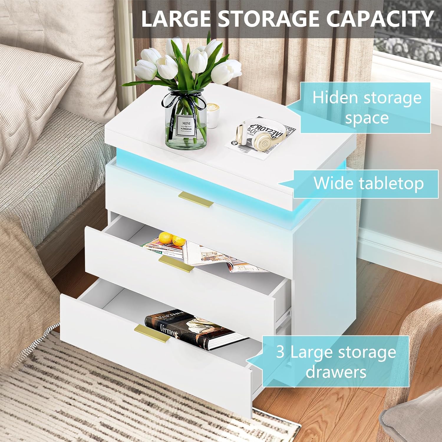 White Nightstand with Charging Station and LED Light,30.5'' Tall Night Stand with Sliding Top for Bedroom, Bedside Table with 3 Drawers, Modern End Side Table for Living Room