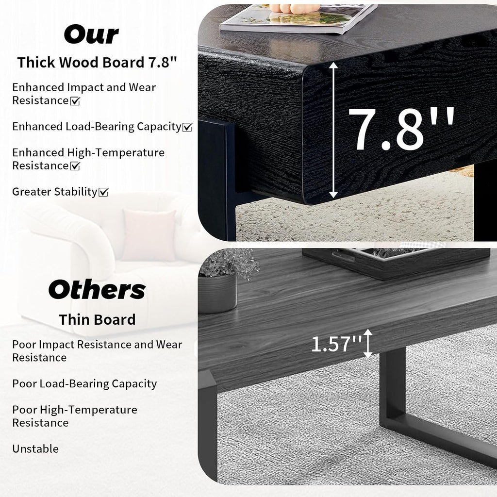 47.24' Rectangle Coffee Table, Wood Coffee Table Center Table with 7.8' Thick Tabletop Metal Legs Rounded Corners for Living Room Office, Black