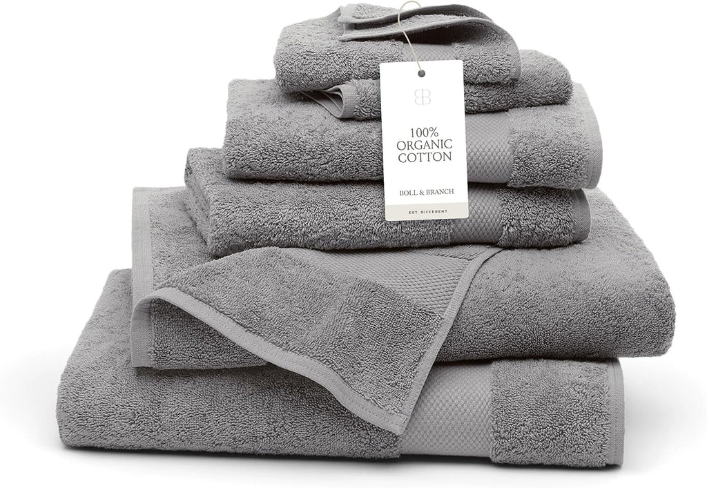 BOLL & BRANCH Plush Bath Towel Set - Stone - 6 Piece - Includes 2 Bath Towels, 2 Hand Towels & 2 Washcloths - 100% Organic Cotton - Ultra Soft & Luxurious - Quick Absorbing