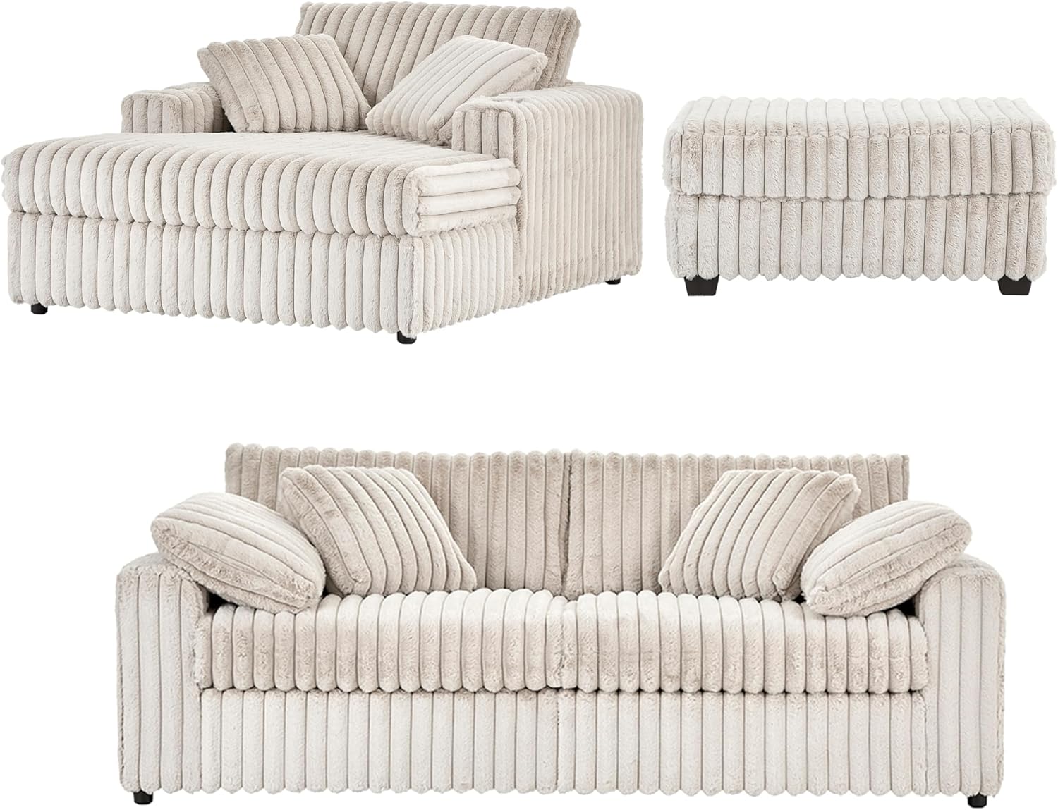 Roundhill Furniture Belvoir 3-Piece Living Room Set, Sofa Cuddle Chaise and Ottoman, Beige Champagne