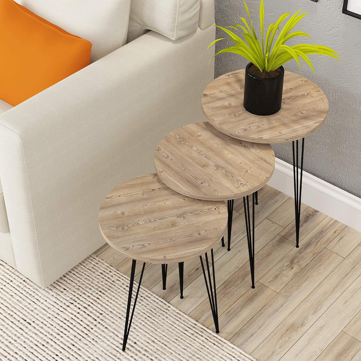 Set of 3 Pine Wood Grey Nesting End Tables Round Wood Stacking Coffee Side Accent Table with Metal Legs for Living Room, Home Office, Nightstands for Bedroom