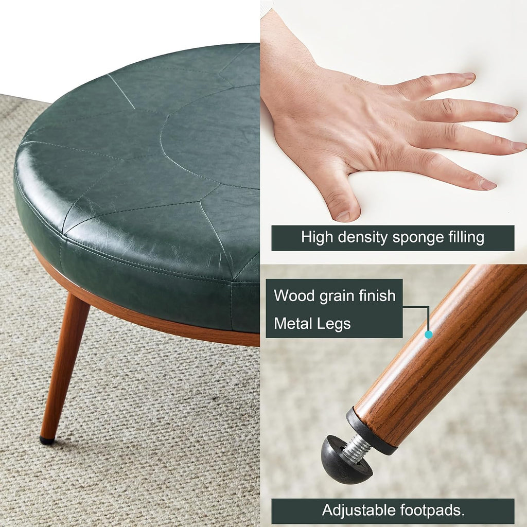 Round Ottoman, Large Faux Leather Footstool and Coffee Table, Cushioned Backless Chair for Living Room & Bedroom, Padded Seat Footrest, (Green)