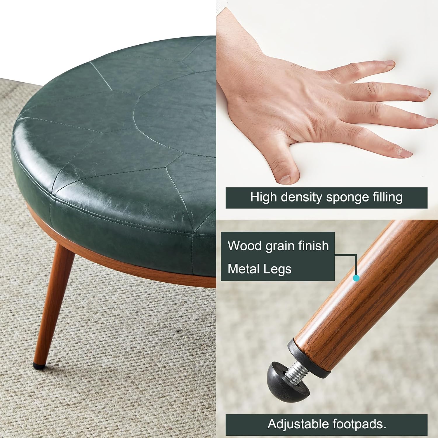 Round Ottoman, Large Faux Leather Footstool and Coffee Table, Cushioned Backless Chair for Living Room & Bedroom, Padded Seat Footrest, (Green)
