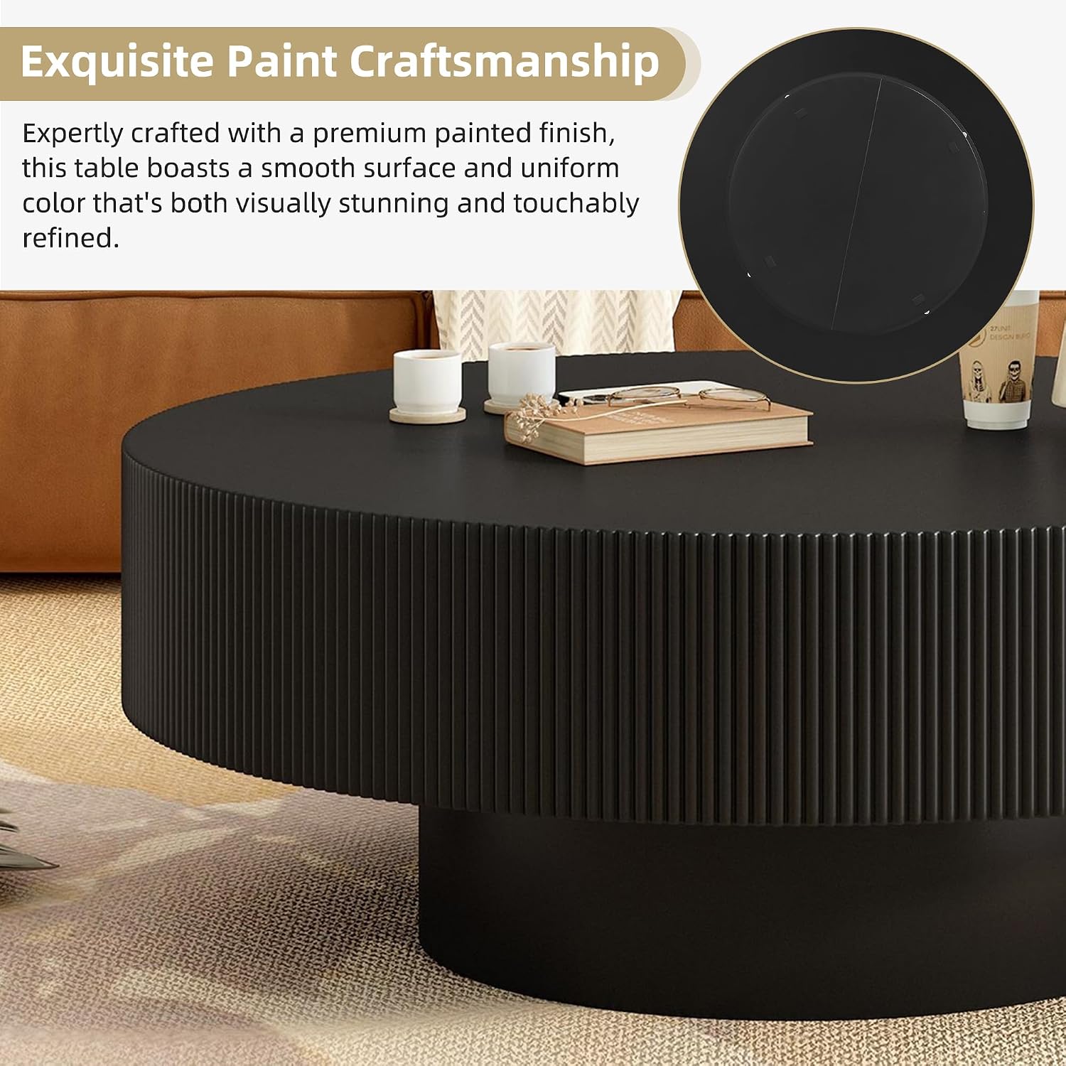 31.5'' Black Round Coffee Table Modern Wood Coffee Table for Living Room, Contemporary Circle Fluted Drum Pedestal Style, Easy Assembly, Black