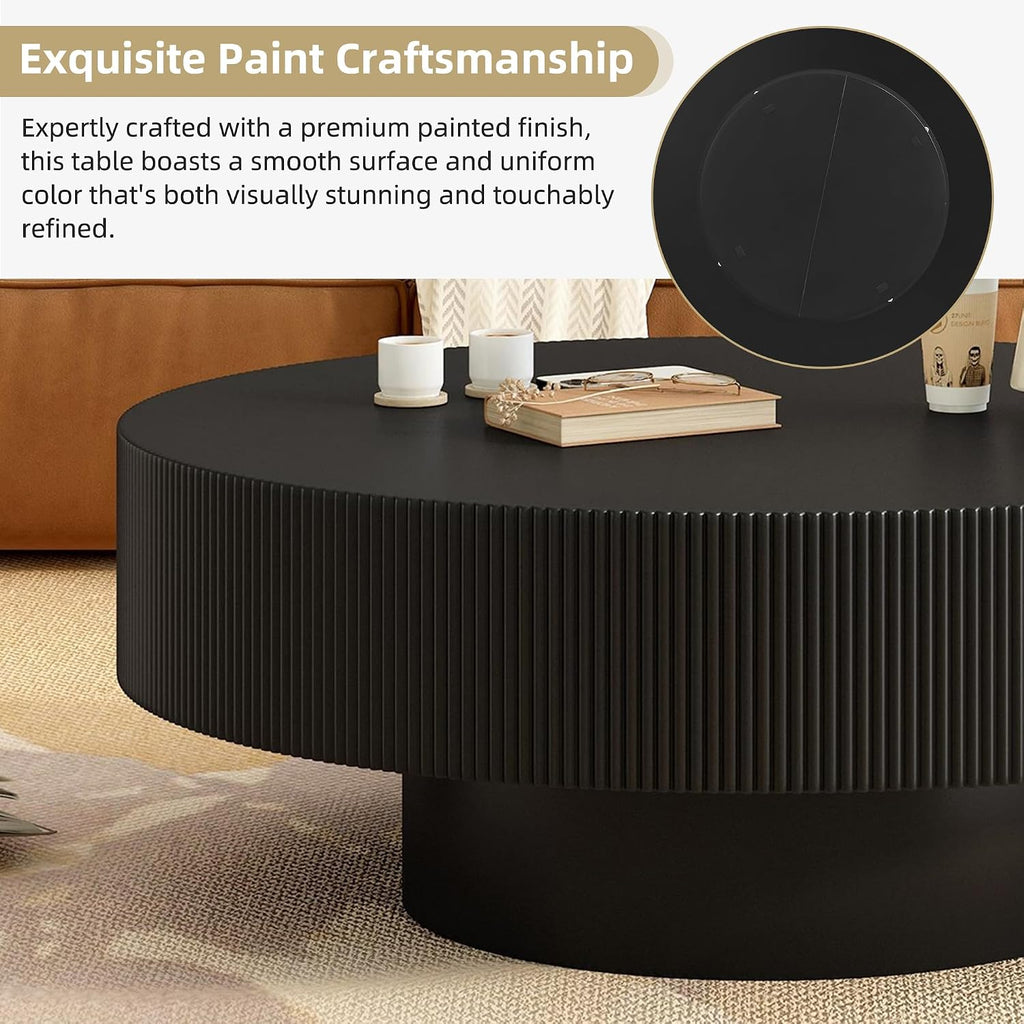 WILLIAMSPACE 31.5' Black Round Coffee Table with 6.8' Thick Tabletop & Sturdy Base, Modern Drum Center Table Circle Accent Side Table for Living Room, Minimalist Fluted Design, Black
