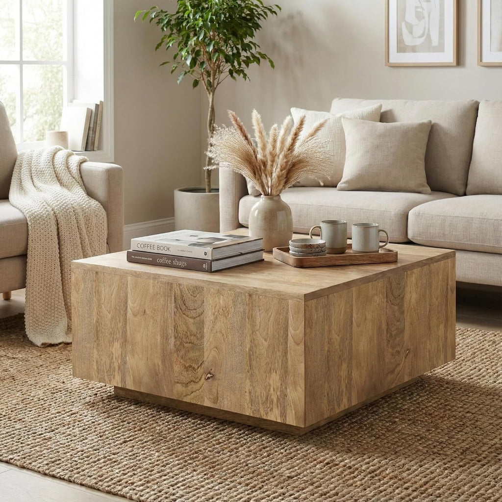 SIMPLIHOME Lockhart Square Coffee Table - 30 inch Wide Solid Mango Wood Living Room Table in Natural Blonde, Modern Cocktail Table for Family Room with Large Surface and Low Profile, Assembled
