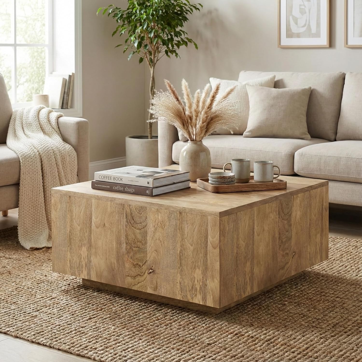SIMPLIHOME Lockhart Square Coffee Table - 30 inch Wide Solid Mango Wood Living Room Table in Natural Blonde, Modern Cocktail Table for Family Room with Large Surface and Low Profile, Assembled