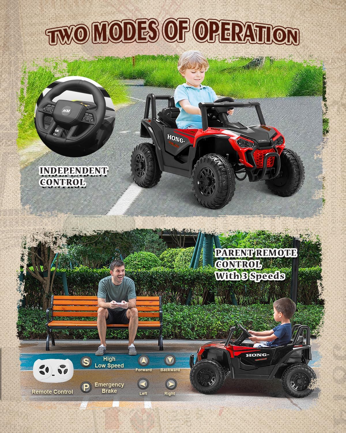 12V Kids Ride on Car, Battery Powered Electric UTV Truck with Parent Remote Control, Bluetooth, Music, LED Light, 3 Speeds, Soft Start, Safety Belt, Horn, Ride on Toys for Boy Girl (Red)