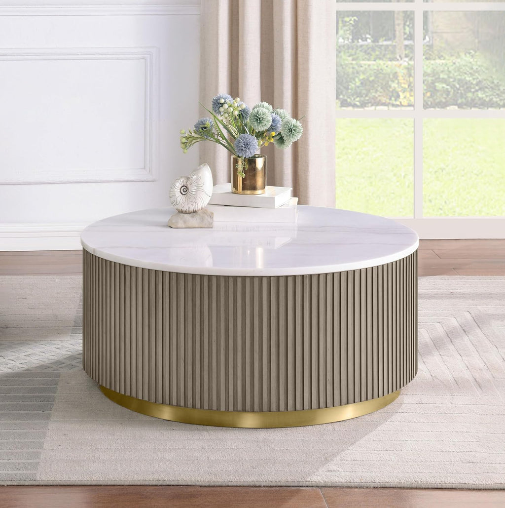 Coaster Home Furnishings - Jason - Wood and Metal - Coffee Table with Reeded Drum Base, Gold Ring Accent, and Round Shape - Living Room - 35-Inch - Greige and White Marble - 711418