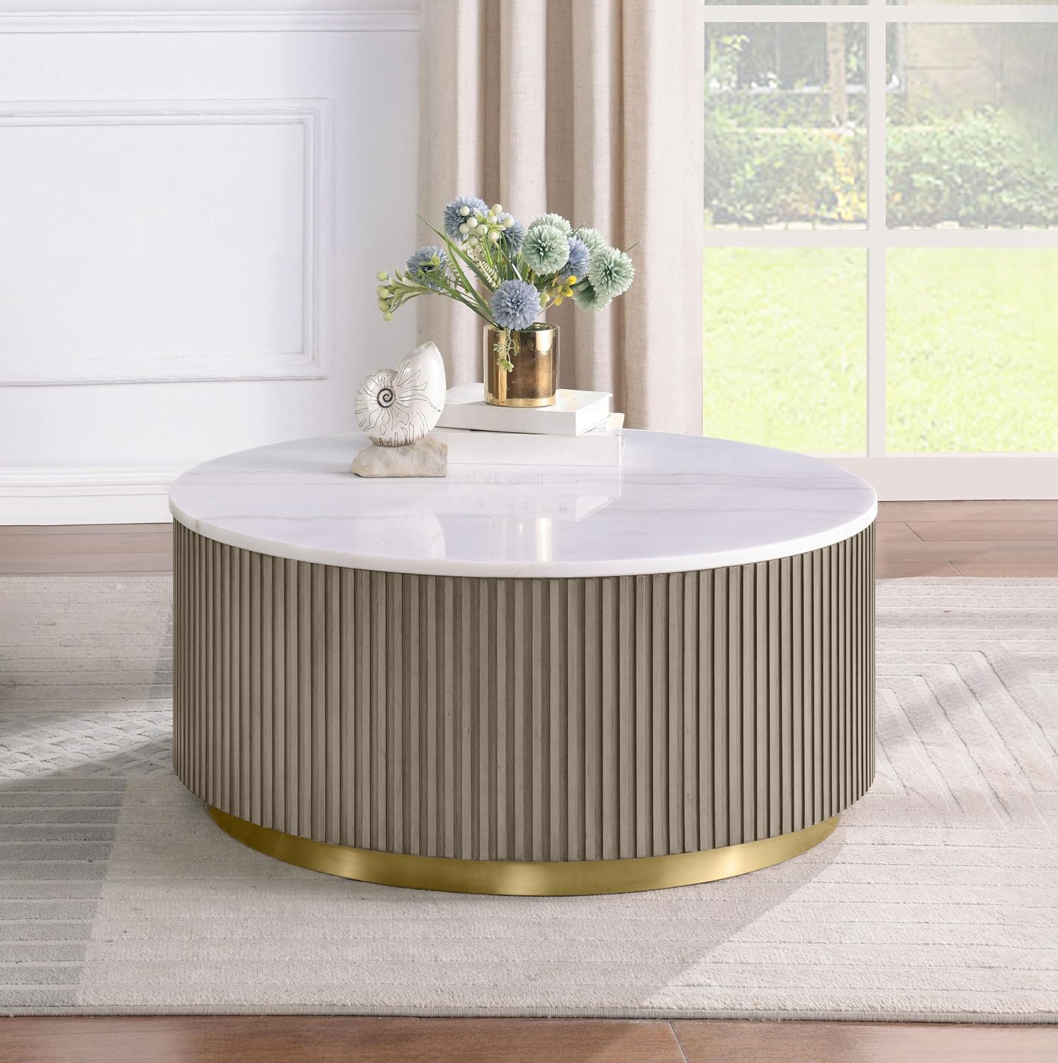 Coaster Home Furnishings - Jason - Wood and Metal - Coffee Table with Reeded Drum Base, Gold Ring Accent, and Round Shape - Living Room - 35-Inch - Greige and White Marble - 711418