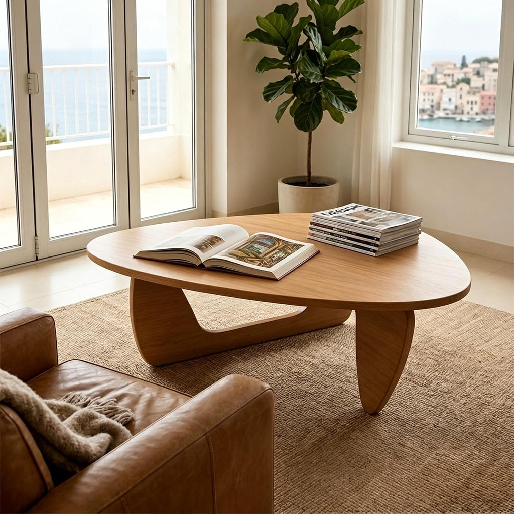 Solid Wood Coffee Table, Mid-Century Modern Triangle Center Table for Living Room, Irregular Natural Wood Tea Table, 43.3' L x 27.5' W x 16.5' H
