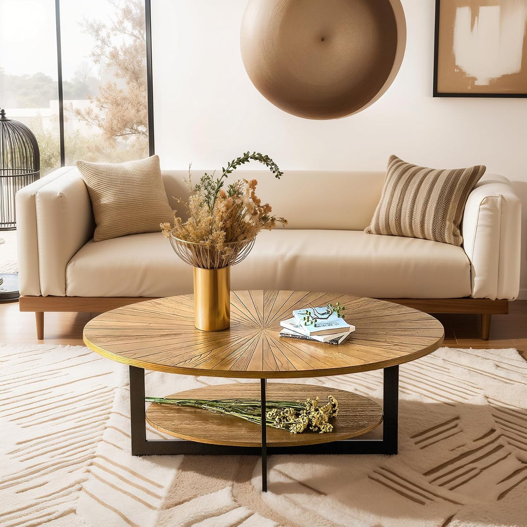 Wood Oval Coffee Table for Living Room, 2 Tier Circle Rustic Coffee Table with Storage Shelf ＆ Metal Legs for Apartment, Easy Assembly (Espresso,47' Dx30 Wx18 H)