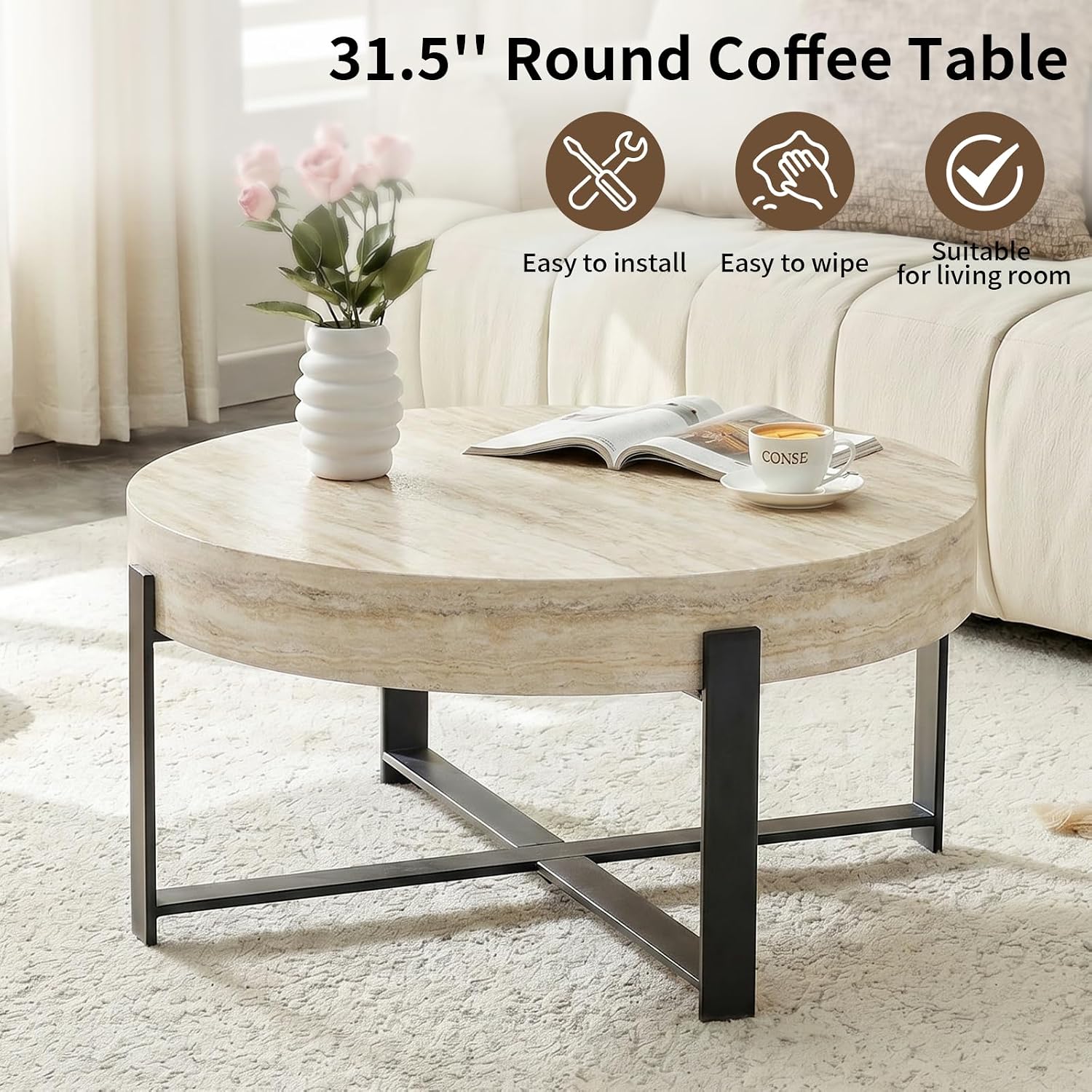 Round Coffee Table, Small Wood Coffee Table with Storage, Modern Wood Circle Table with Metal Frame, Round Accent Center Tables for Living Room Apartment Small Space