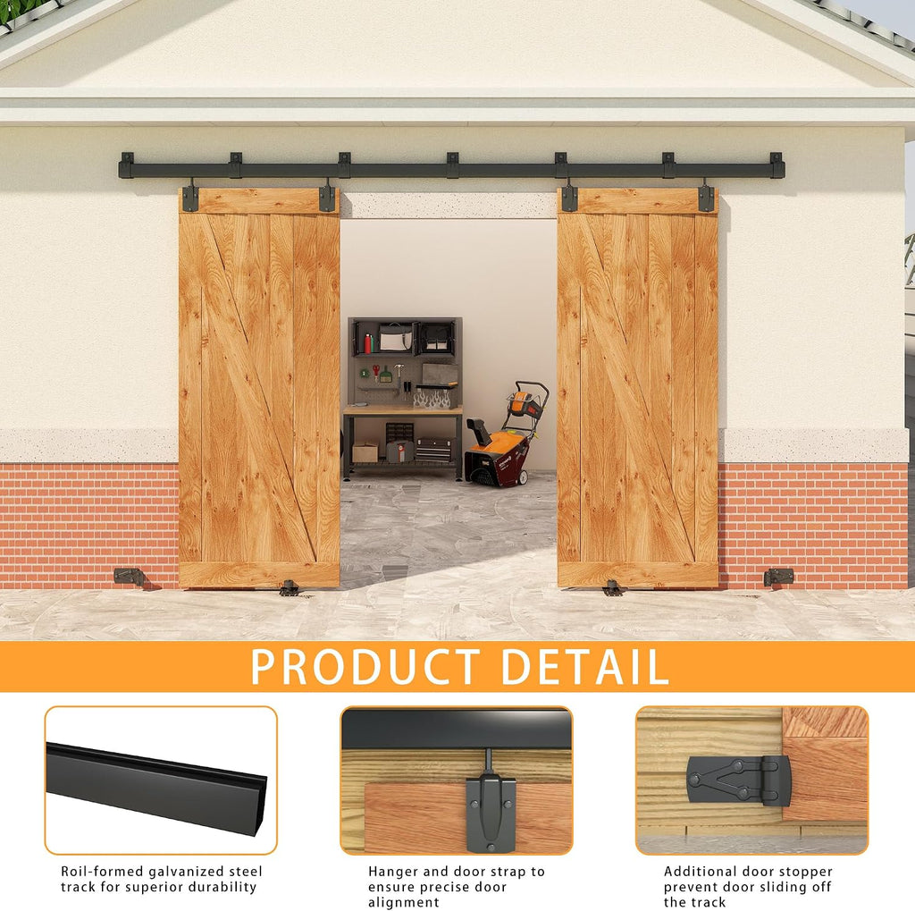 10FT Black Box Rail Exterior Barn Door Hardware Kit for 2 Doors, Sliding Heavy Duty Barn Door Track, Wall Mount Barn Door Hardware with 7 Track Brackets(Doors NOT Include)