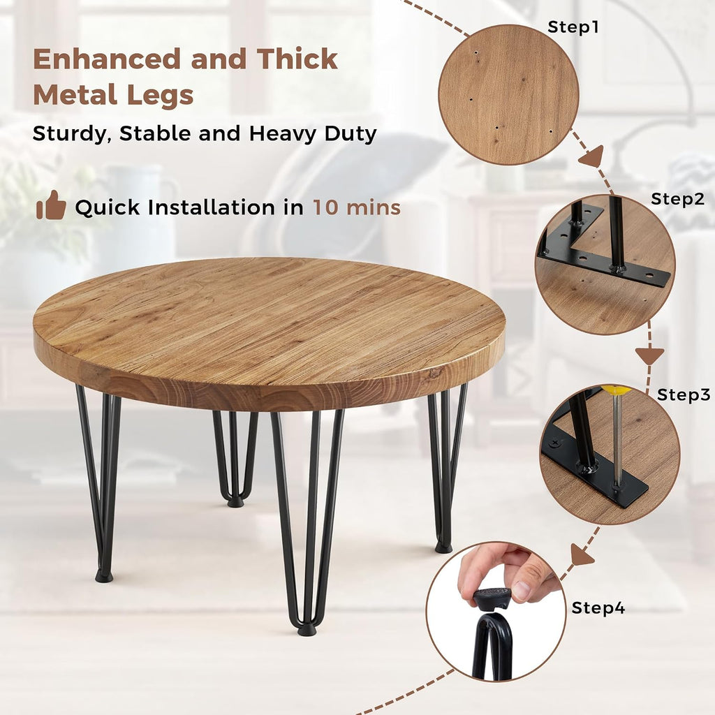 FLYJOE Rustic Wood Round Coffee Table with Metal Legs, Solid Elm Wood Top and Non-Slip Feet Pads - Farmhouse Style for Living Room, Natural