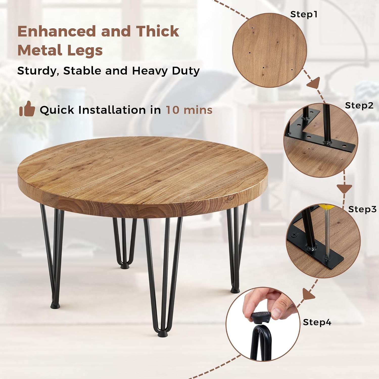 FLYJOE Rustic Wood Round Coffee Table with Metal Legs, Solid Elm Wood Top and Non-Slip Feet Pads - Farmhouse Style for Living Room, Natural