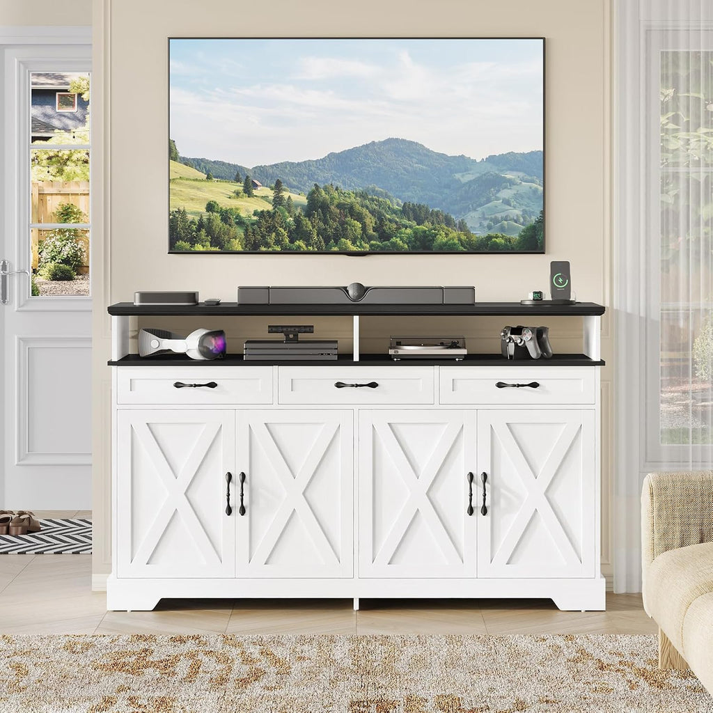 Yanosaku 63'' Buffet Cabinet with Storage, Farmhouse Sideboard Cabinet with Charging Station, Coffee Bar Cabinet, Sideboard Buffet Cabinet for Kitchen, Living Room, Hallway, White