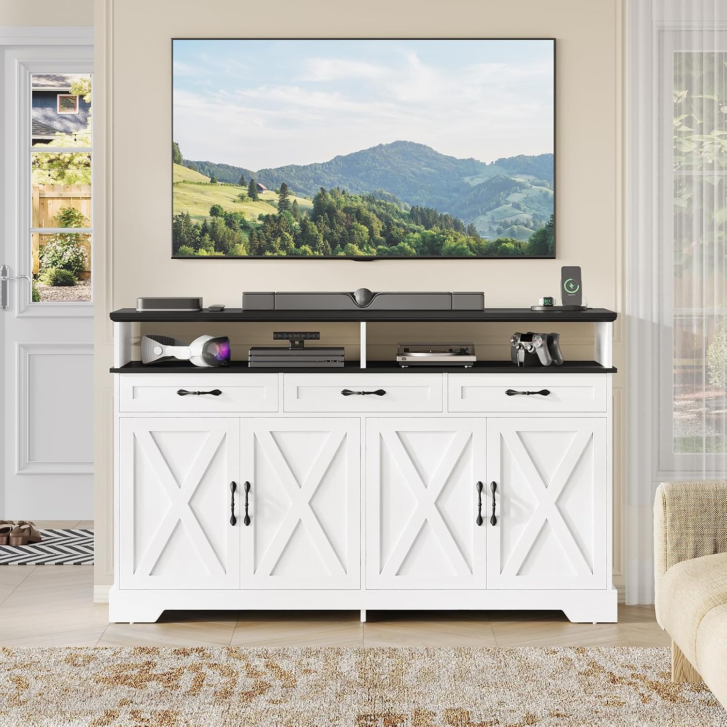 Yanosaku 63'' Buffet Cabinet with Storage, Farmhouse Sideboard Cabinet with Charging Station, Coffee Bar Cabinet, Sideboard Buffet Cabinet for Kitchen, Living Room, Hallway, White