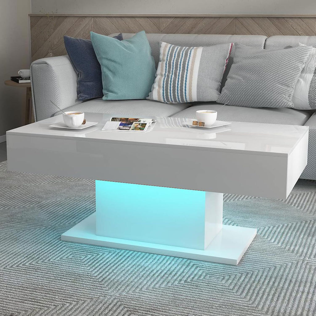 HedoAjim Led Coffee Table for Living Room, Living Room Table Rectangular Center Table, Modern High Glossy Wooden Coffee Tables with 16 Colors LED Lights for Dining Reception Room, White
