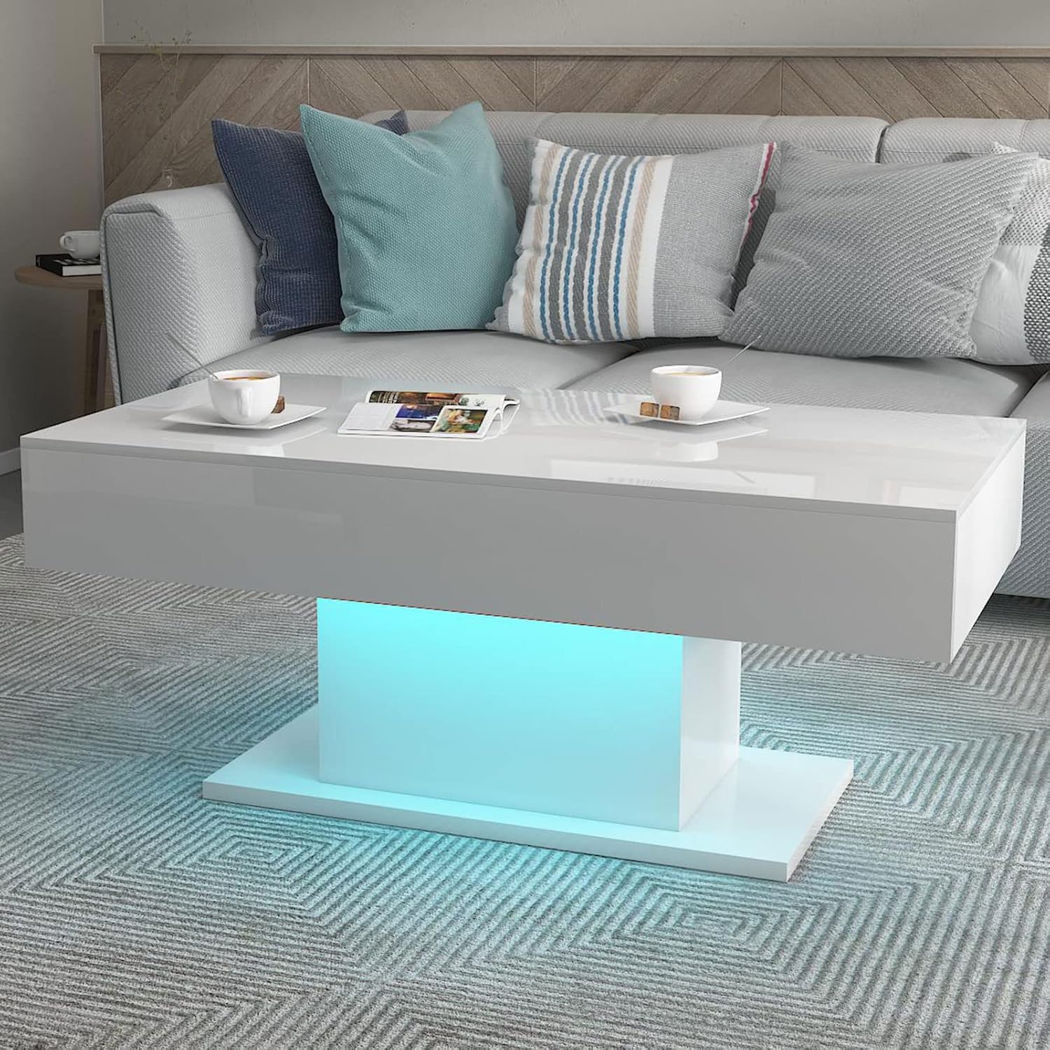 HedoAjim Led Coffee Table for Living Room, Living Room Table Rectangular Center Table, Modern High Glossy Wooden Coffee Tables with 16 Colors LED Lights for Dining Reception Room, White