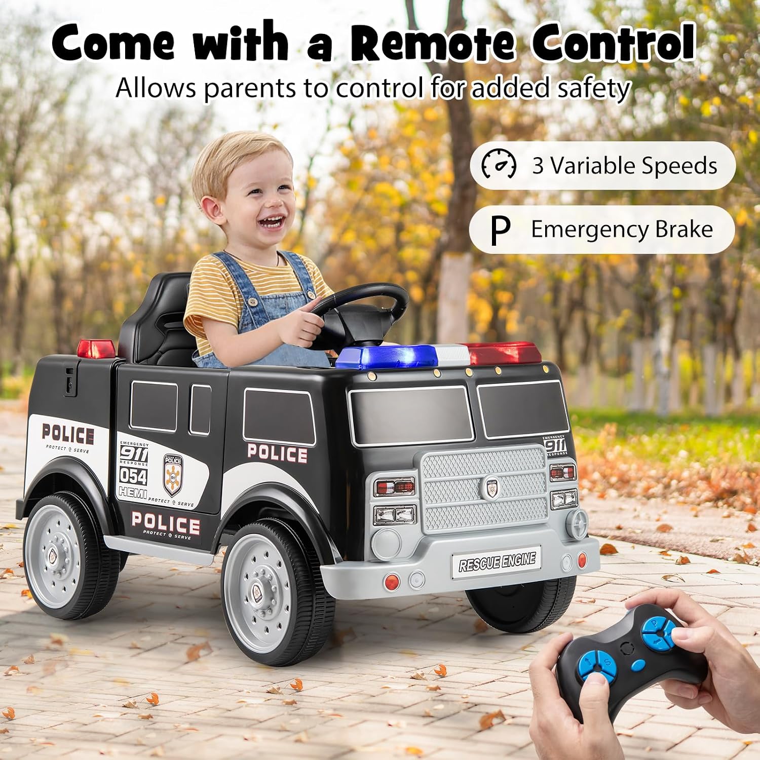 Costzon Ride on Police Car, 12V Battery Powered Electric Cop Cars for Kids w/3 Speeds, Megaphone, Music, FM Radio, Flashing Lights, Sirens, Ride on Toy w/Remote Control for Boys Girls 3+(Police Truck)