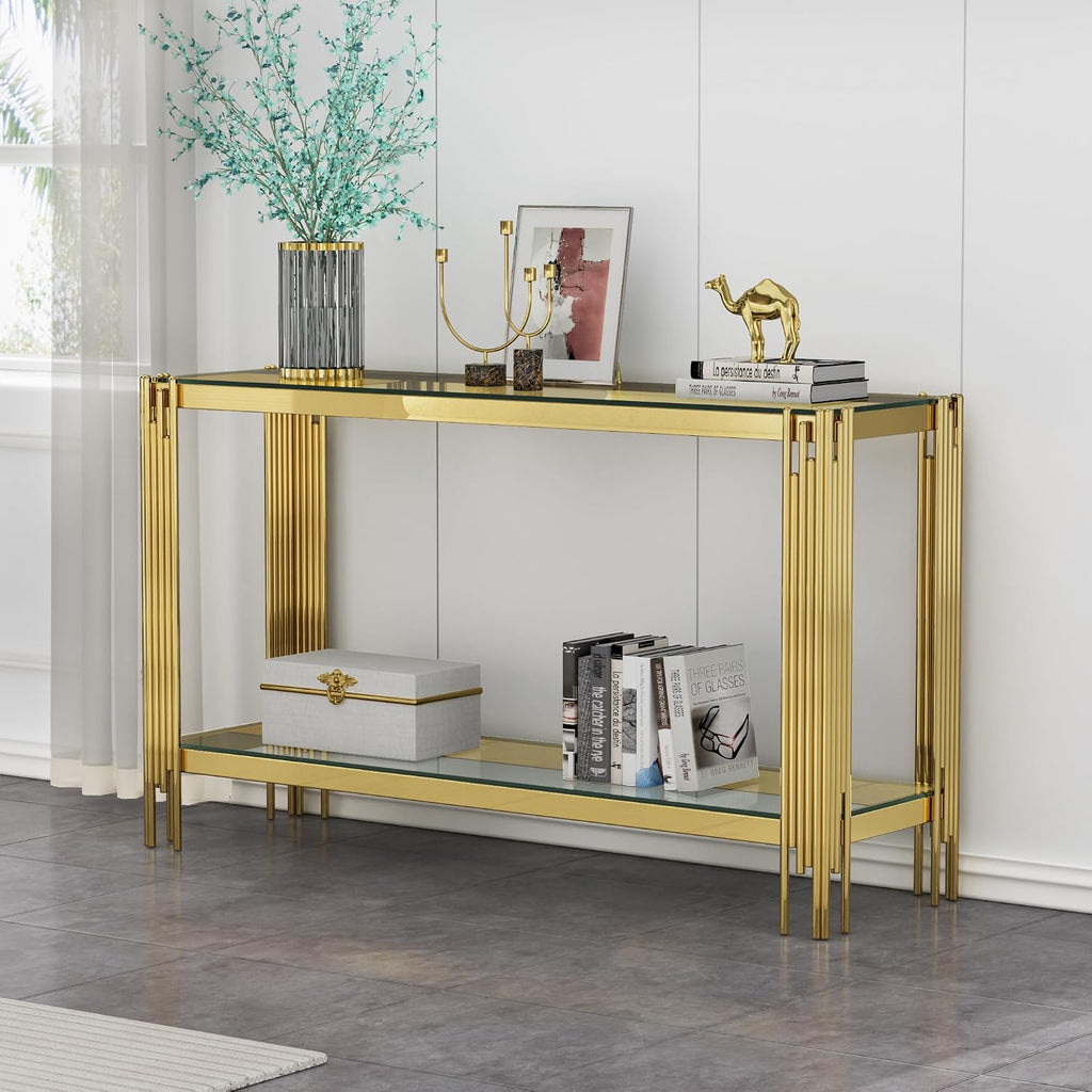 Modern Gold Glass Console Table, Luxury 55' Rectangular Sofa Table with Stainless Steel Frame, 2-Tier Console Entryway Table with Storage for Living Room Entrance Hallway