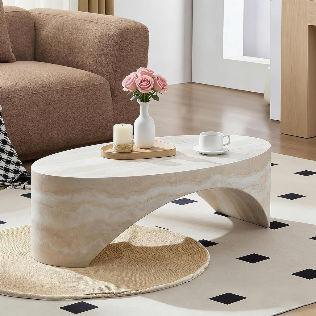 43.31'' Oval Coffee Table in Faux Marble, Modern Fiberglass Arched Coffee Tables, Minimalist Bridge Coffee Table, Stone Center Side Table for Living Room, Office, Apartment, or Balcony
