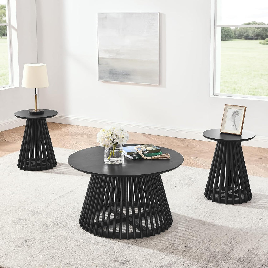 KEVINSPACE Round Coffee Table Solid Wood Nesting End Table Set of 2 Wood Side Table Circle Modern Accent Tables Farmhouse Circle Side Table Sets for Small Spaces Living Room Apartment Bedroom Black