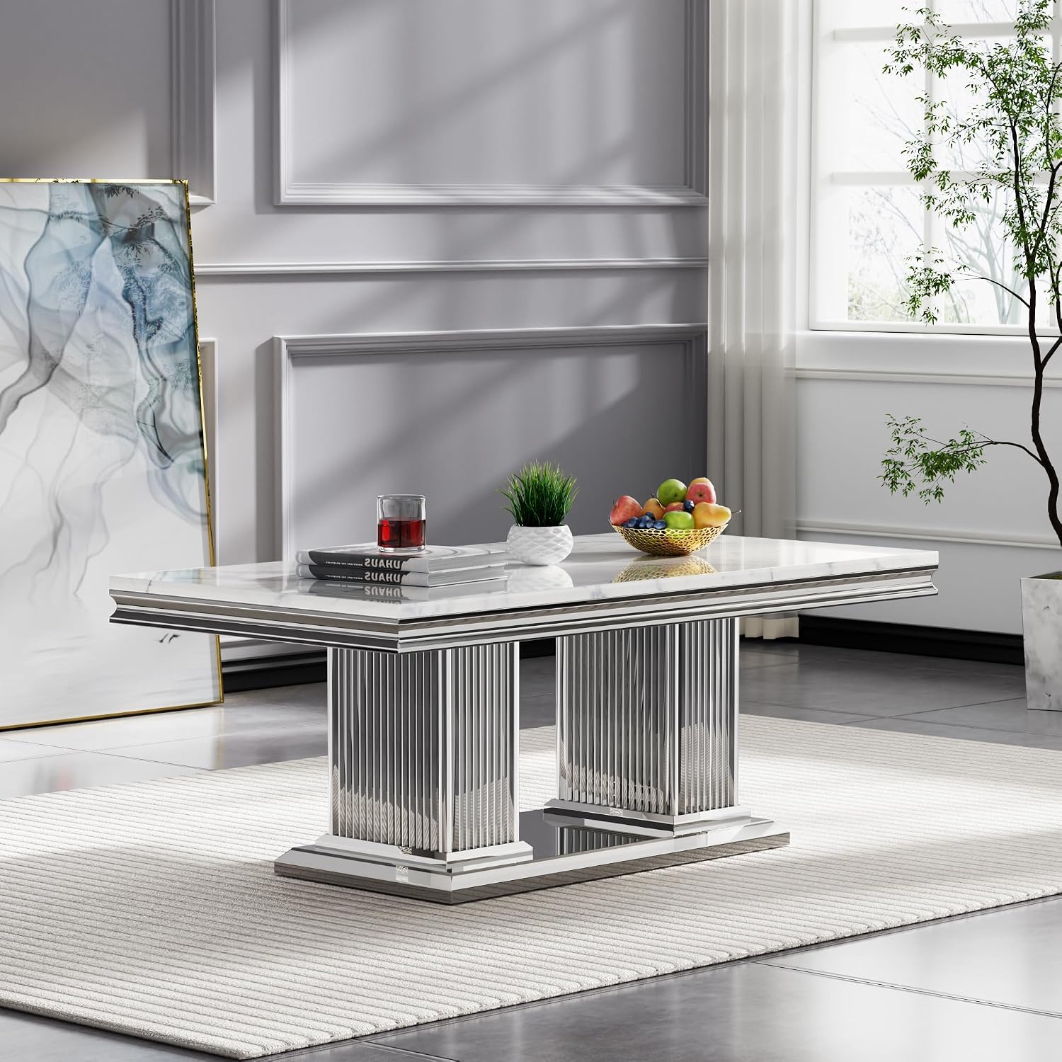 3 Pieces Coffee Table Set, Faux Marble Living Room Table Set of 3, Modern Coffee Table and 2 End Tables with Column-Shaped Stainless Steel Base for Living Room Office (White Silver)