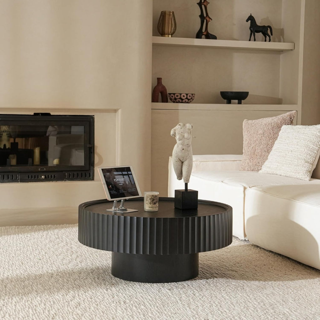 Round Coffee Table, 30.3in Modern Living Room Table, Fluted Drum Circle Tea Table with Storage, Accent Center Tables for Living Room, Apartment, Small Space (Black)