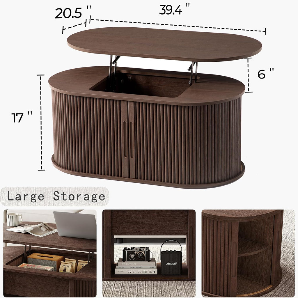 LINSY Lift Top Coffee Table, Oval Fluted Coffee Table with Storage, Mid Century Modern Wooden Coffee Tables with Sliding Tambour Door, 39' Center Table for Living Room, Office, Small Space, Walnut