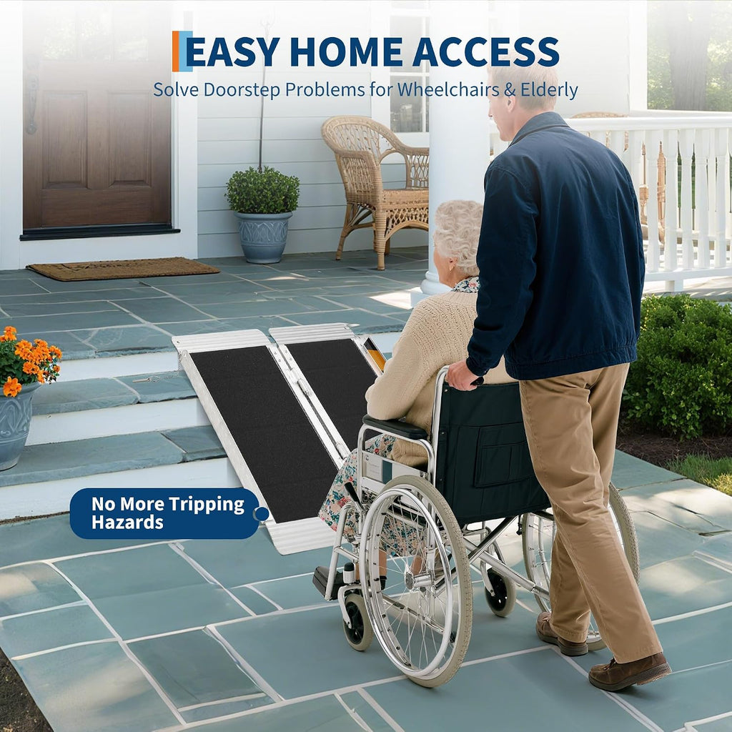 Aluminum Portable Wheelchair Ramp Folding Ramp w/Non-Slip Surface, Threshold for Home Steps, Scooter for Car, Doorways, Curbs & Stairs, 600 Lbs Capacity