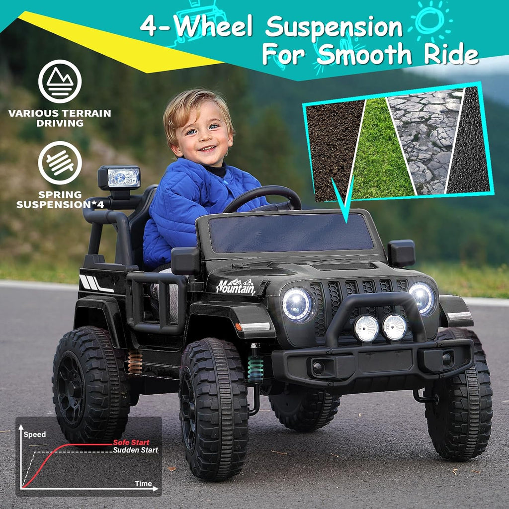 Joywhale 12V Kids Ride on Truck Battery Powered Motorized Car Electric Vehicle for Kids, with Remote Control, 4-Wheel Suspension, LED Lights, Music & FM, Seat Belt, Portable Handle, Black