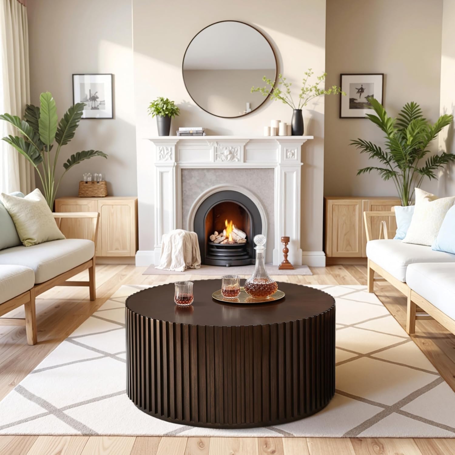 Round Wood Coffee Table for Living Room, Wooden Modern Handcraft Drum Coffee Table, Circle Center Natural Table for Small Space, No Need Assembly (Deep Brown-CT,31x31x16 in)