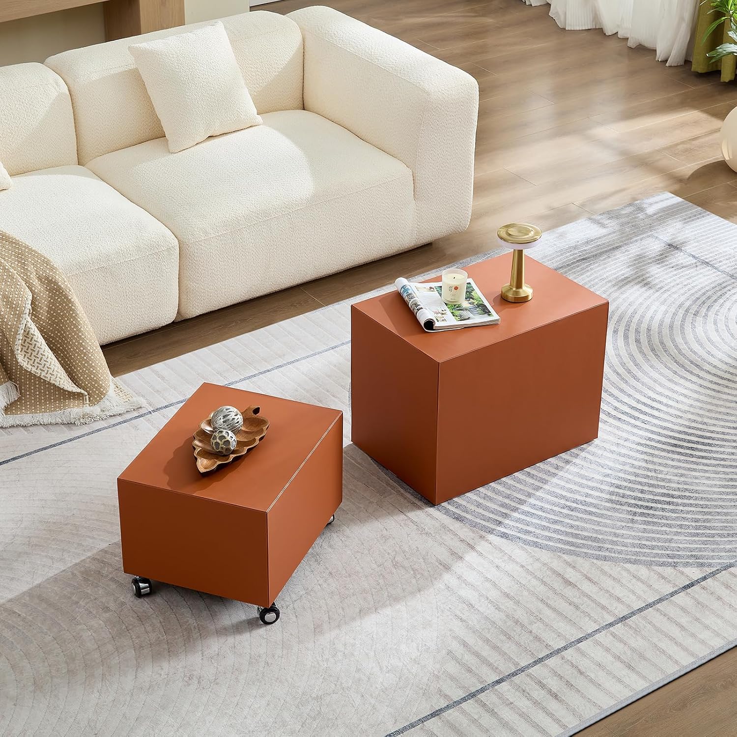 23.62' Modern Leather Coffee Table Set, Minimalist Center Table with Wheels, Wooden Coffee Table Sets for Living Room, Apartment, Office, Bedroom, Orange