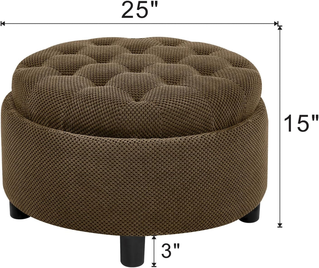 Round Storage Ottoman with Reversible Tray Lid, 25' Upholstered Button Tufted Coffee Table with Storage Foot Rest Stool for Living Room, Bedroom, Entryway, Coffee