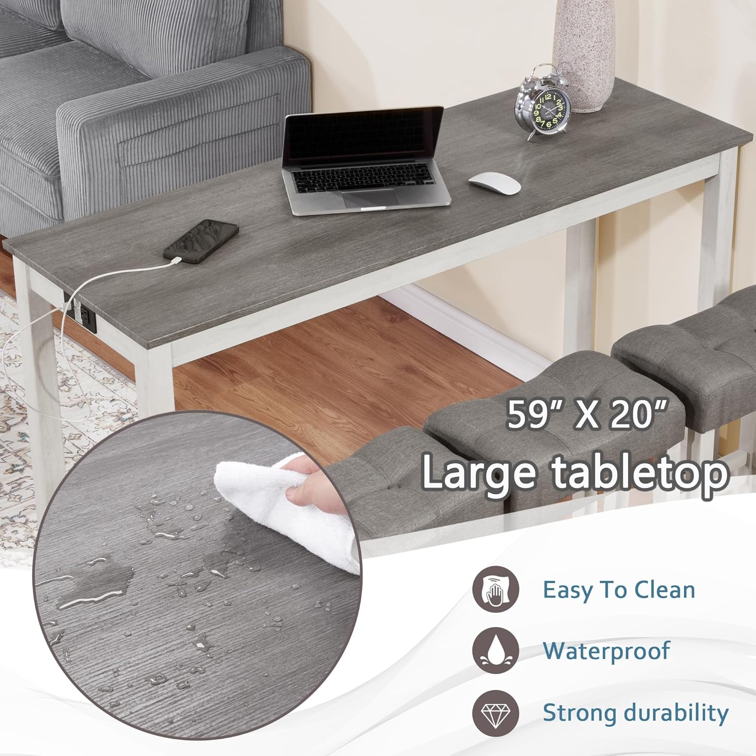 Merax 59 inch Bar Table Set with Power Outlet USB/Type-C, Behind Couch Table with 3 Padded Stools for Kitchen, Living Room, White & Grey