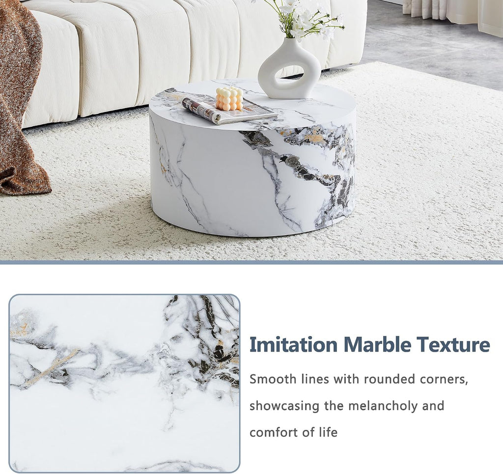 23.6' White Marble Small Coffee Table for Living Room Round Faux Marble Center Table Modern Drum-Shape Wooden Cocktail Table for Home Office - Fully Assembled